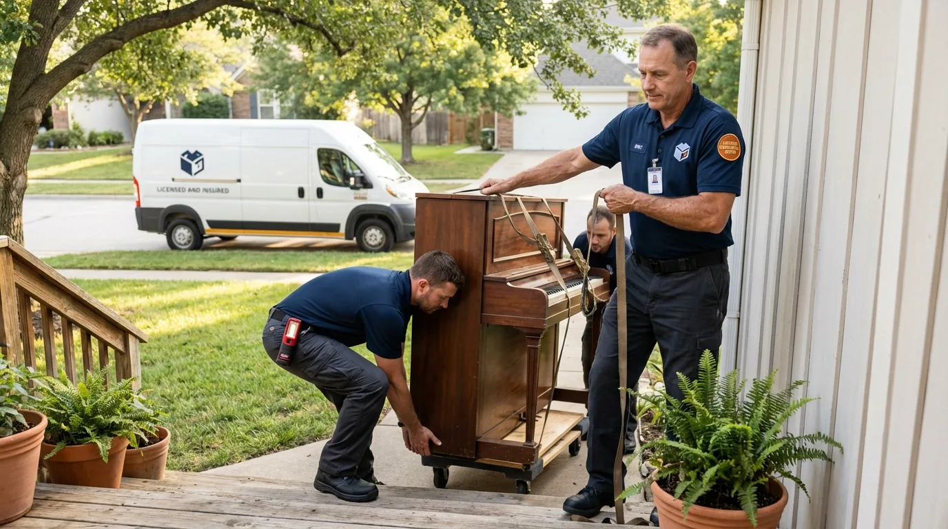 Licensed piano movers securing grand piano in Marseilles, IL