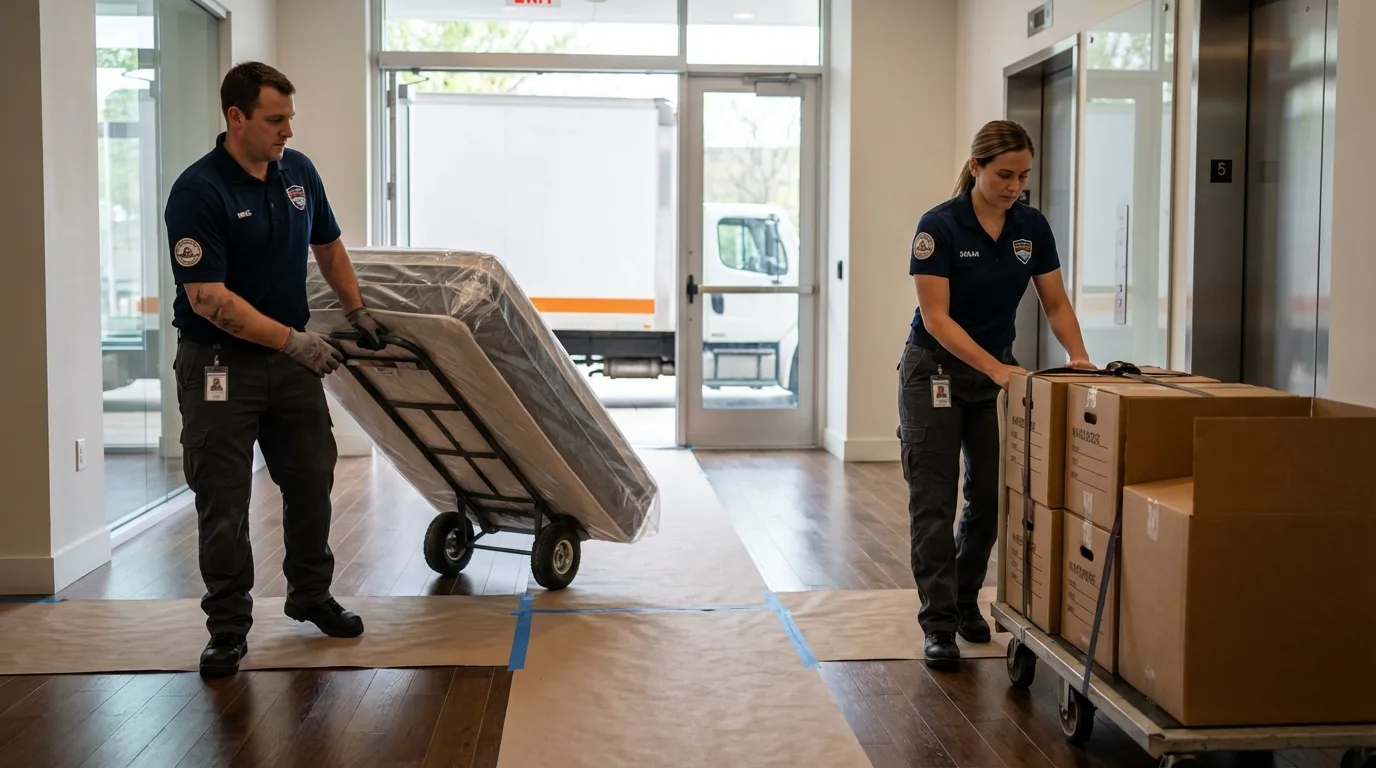 Professional apartment movers loading elevator in Marseilles, IL