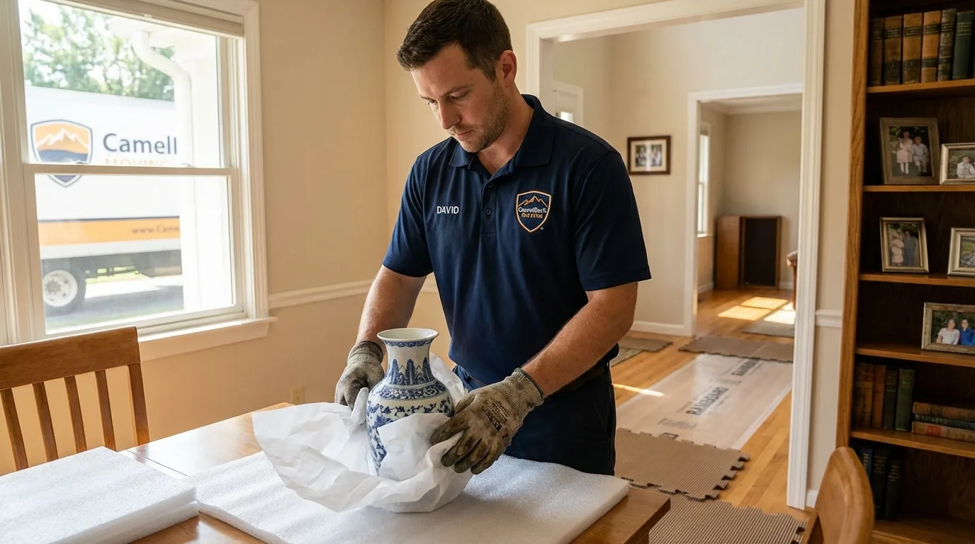 Professional crew carefully wrapping antique vase for senior downsizing move in Marseilles, IL