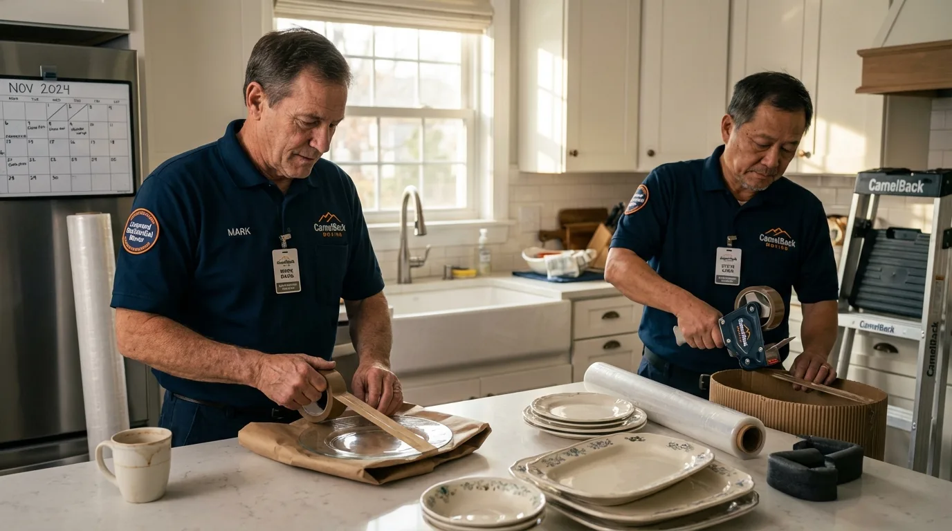 Professional crew packing kitchen dishware in Marseilles, IL